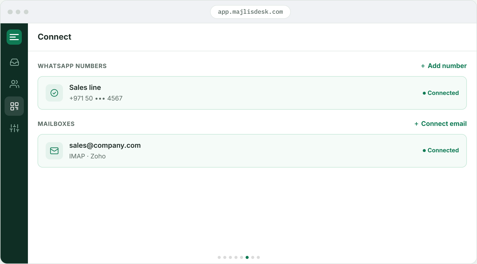 MajlisDesk connect screen with a WhatsApp number and an email mailbox connected