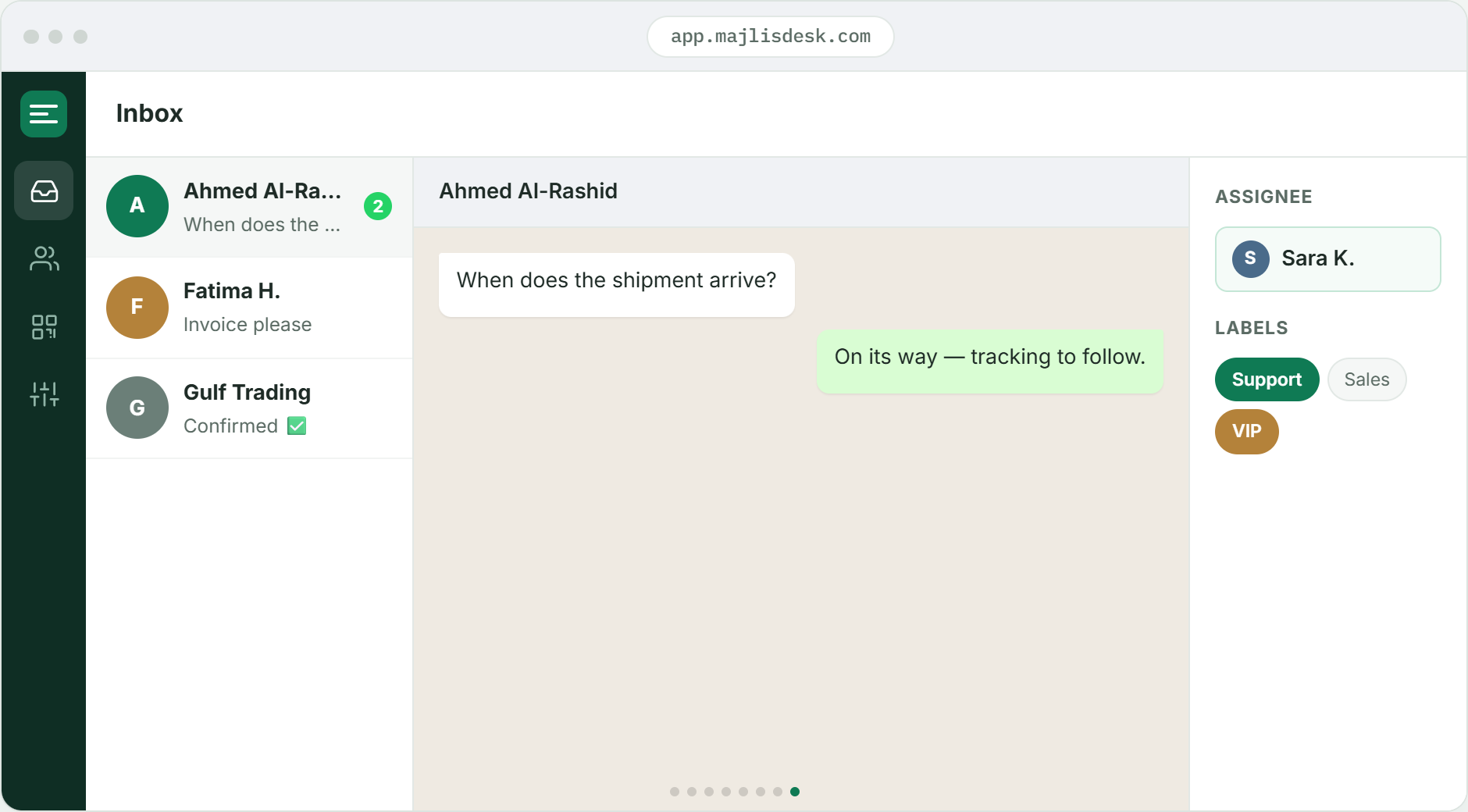 MajlisDesk shared inbox with a chat assigned to a teammate and a Support label