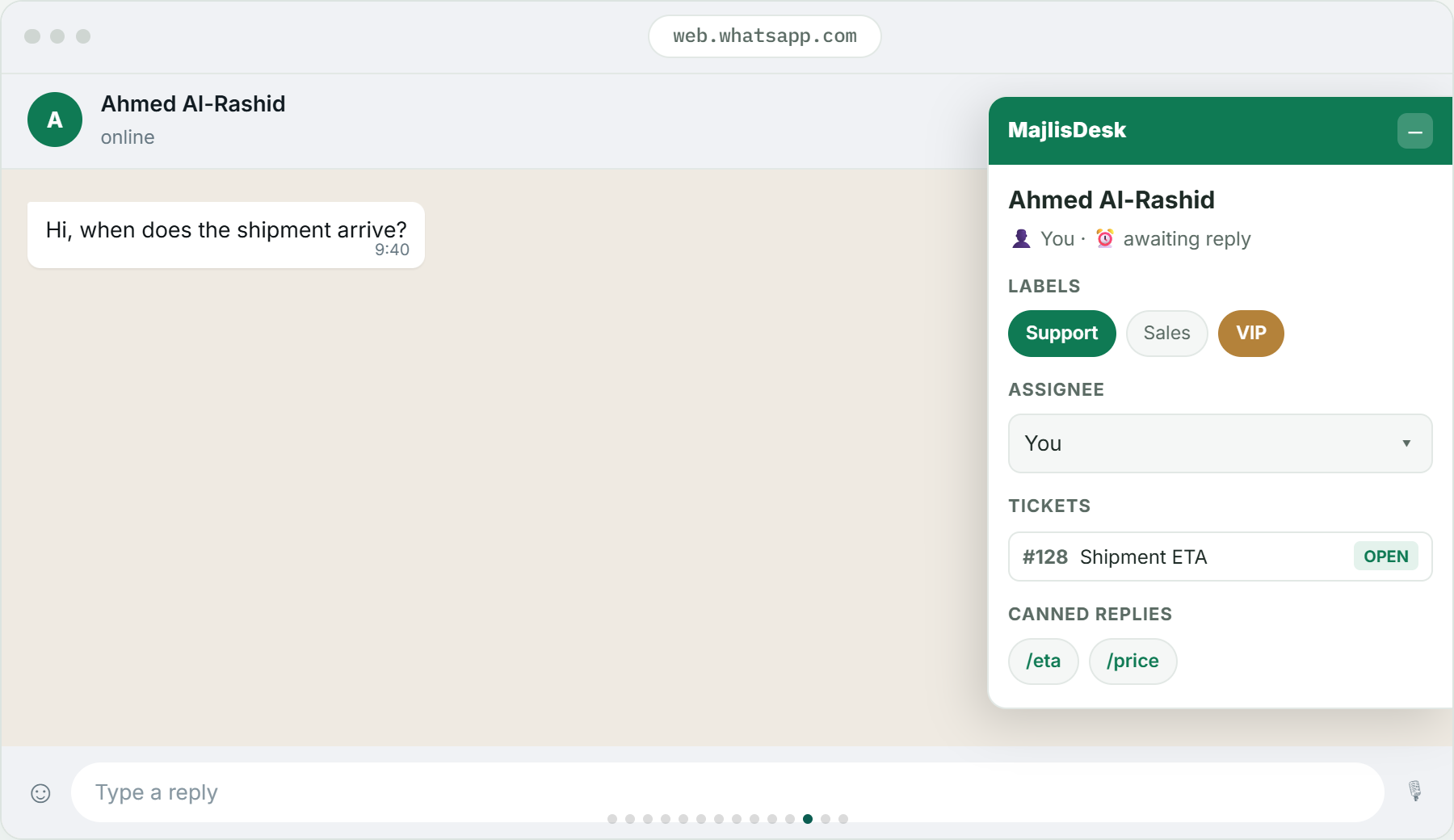 MajlisDesk panel inside WhatsApp Web with labels, an open ticket and canned replies